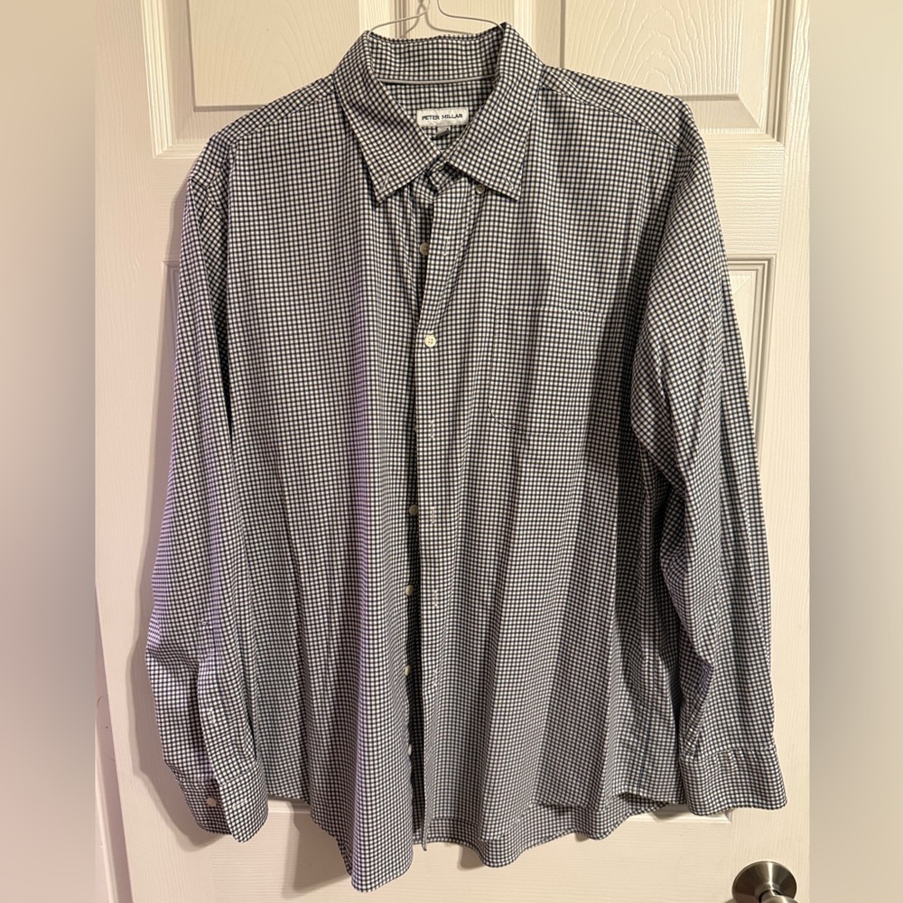 Peter Millar Soft Button-Down Shirt, White/Navy Blue/Olive Green, XL, EUC